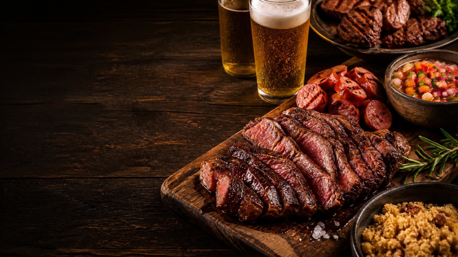 Carnes grelhadas fatiadas sobre tábua de madeira, com linguiça, molhos e acompanhamentos ao redor